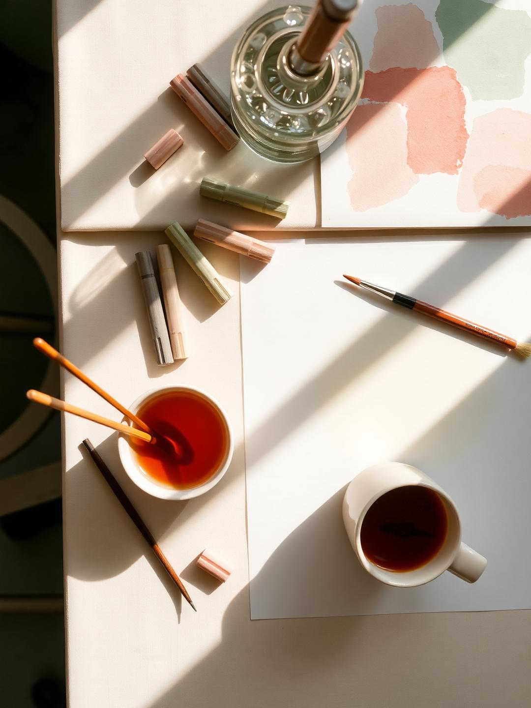 Sunlit art studio table with watercolours, brushes and a cup of tea